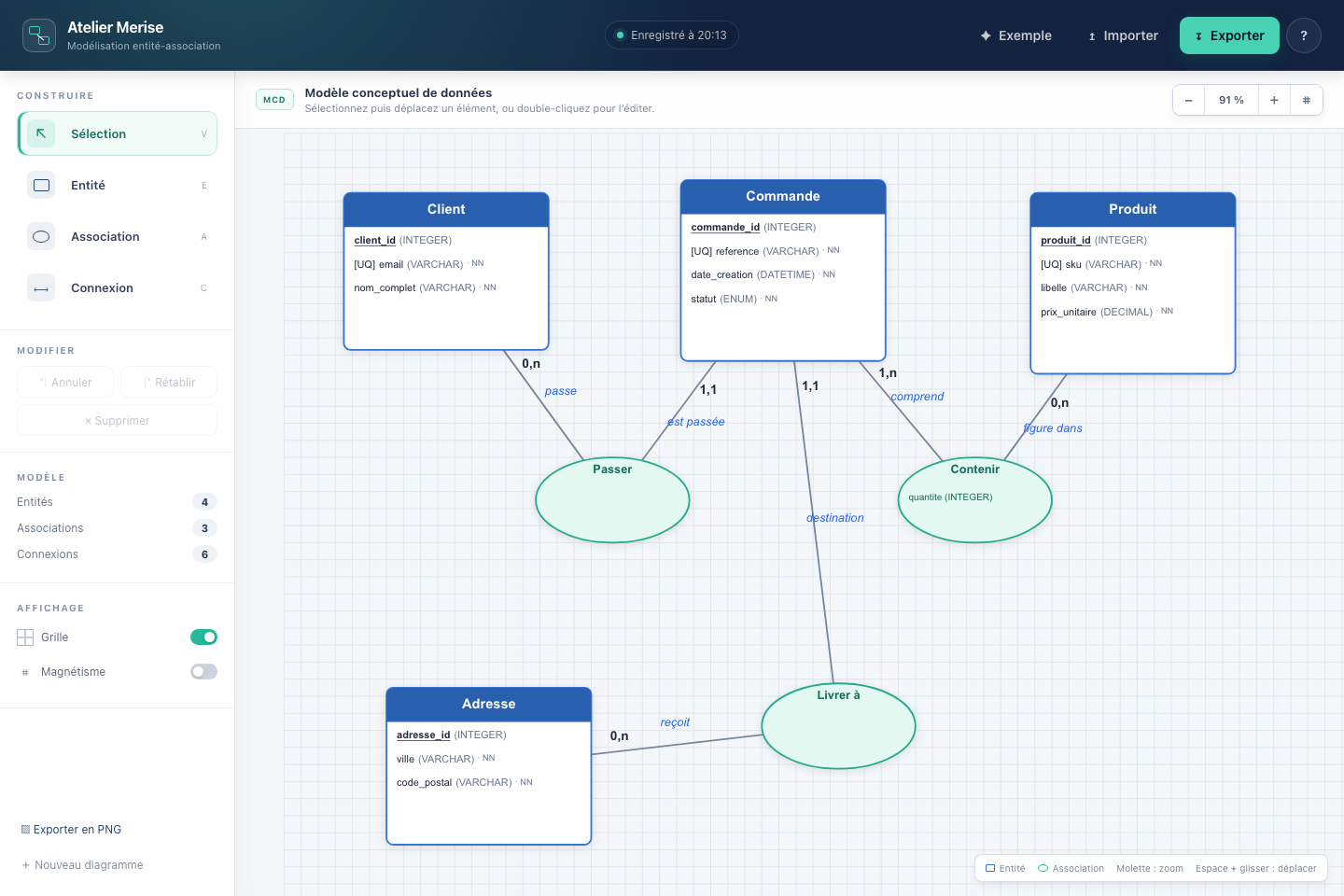 Atelier Merise — ER Diagram Editor screenshot
